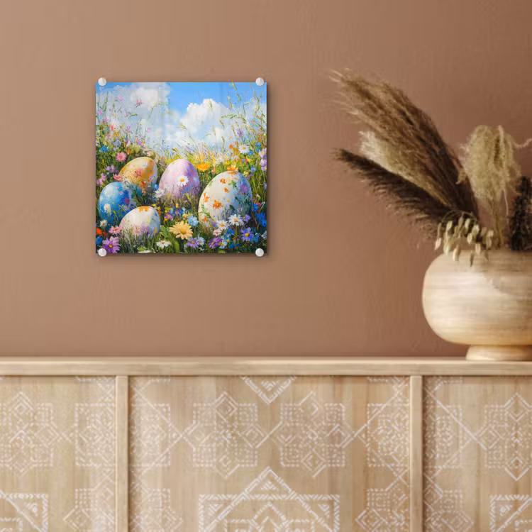 Glas schilderij - Grasveld - Eieren - Bloemen — 6