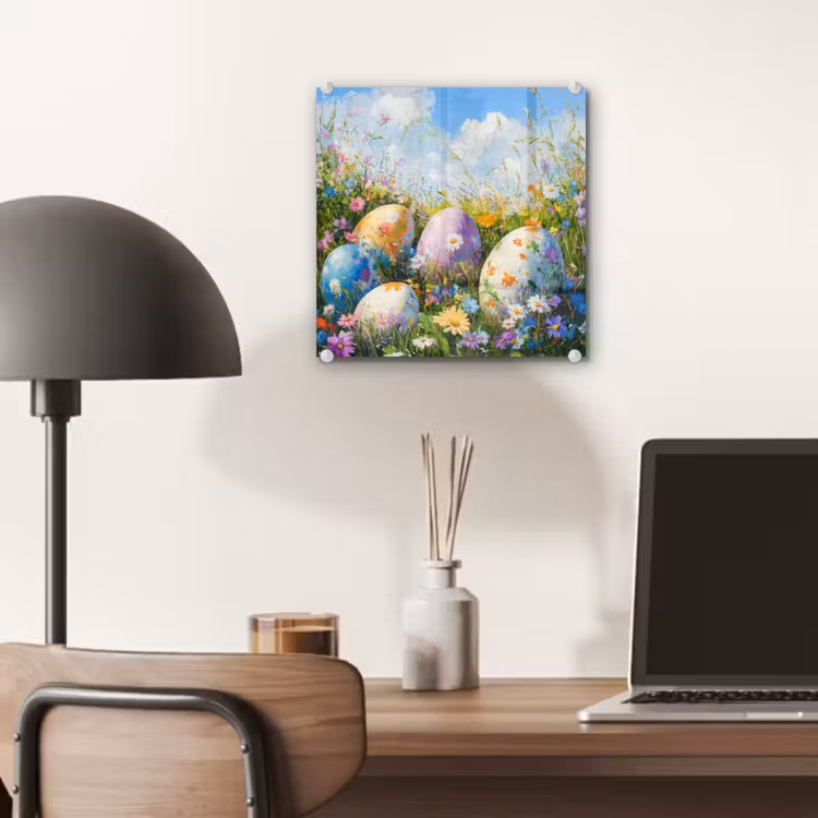 Glas schilderij - Grasveld - Eieren - Bloemen — 7