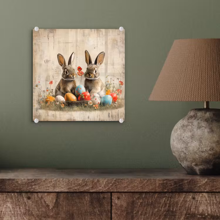 Glas schilderij - Konijnen - Bloemen - Eieren — 4