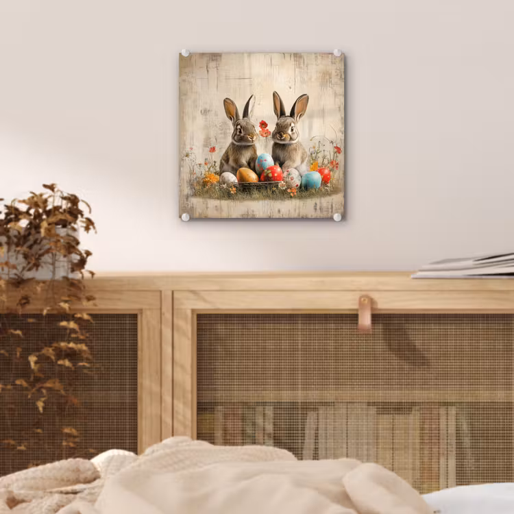 Glas schilderij - Konijnen - Bloemen - Eieren — 5