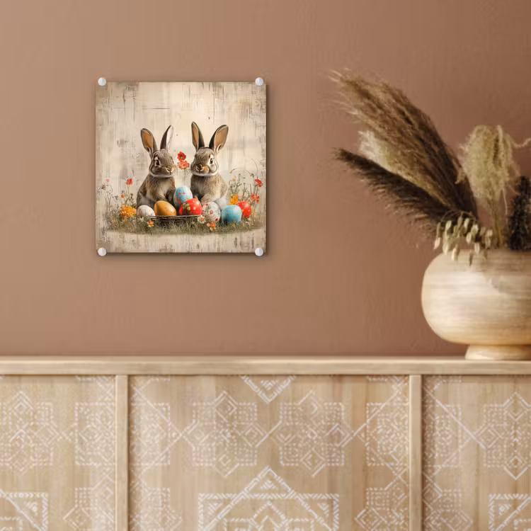 Glas schilderij - Konijnen - Bloemen - Eieren — 6