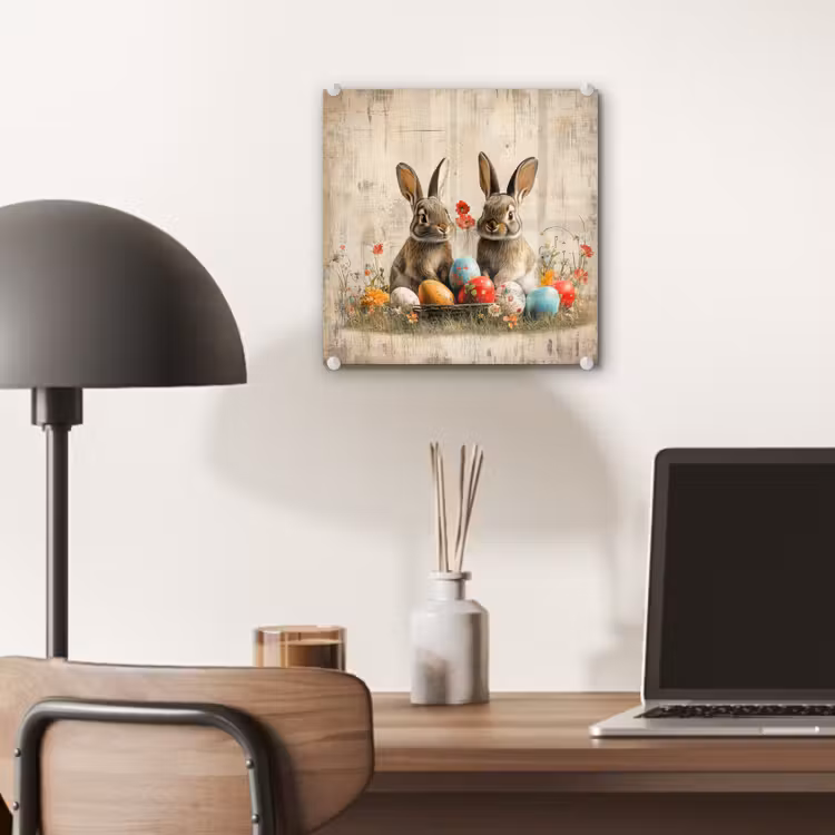 Glas schilderij - Konijnen - Bloemen - Eieren — 7