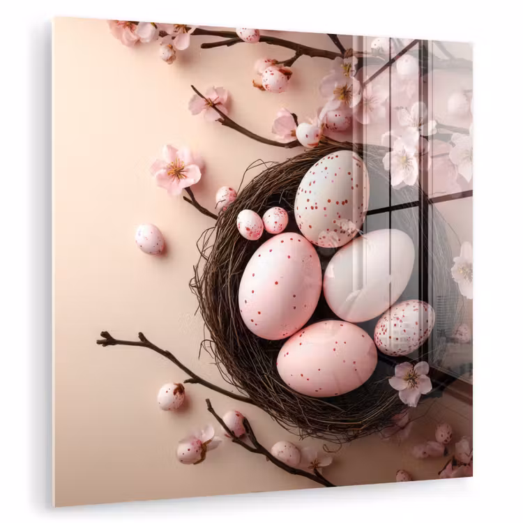 Glas schilderij - Roze - Bloesems - Eieren — 1