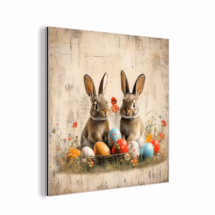 Aluminium schilderij - Konijnen - Bloemen - Eieren — 1