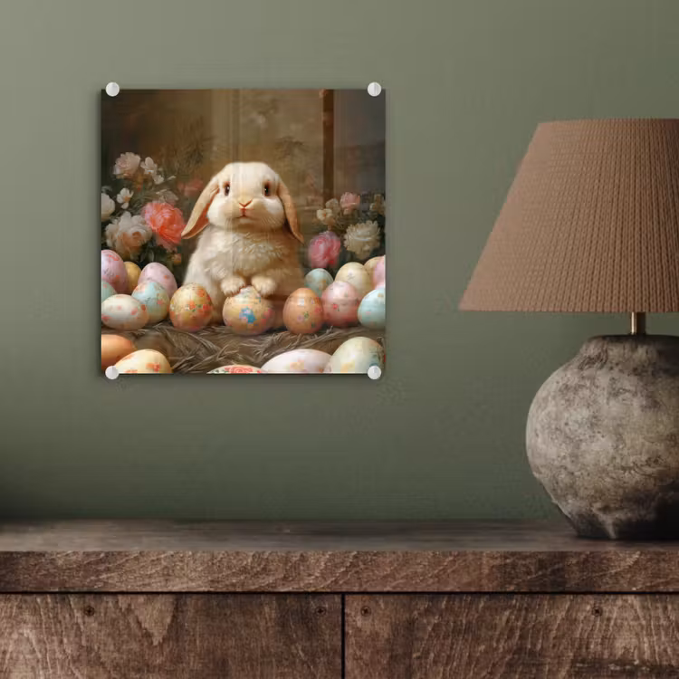 Glas schilderij - Konijn - Paaseieren - Stilleven — 4