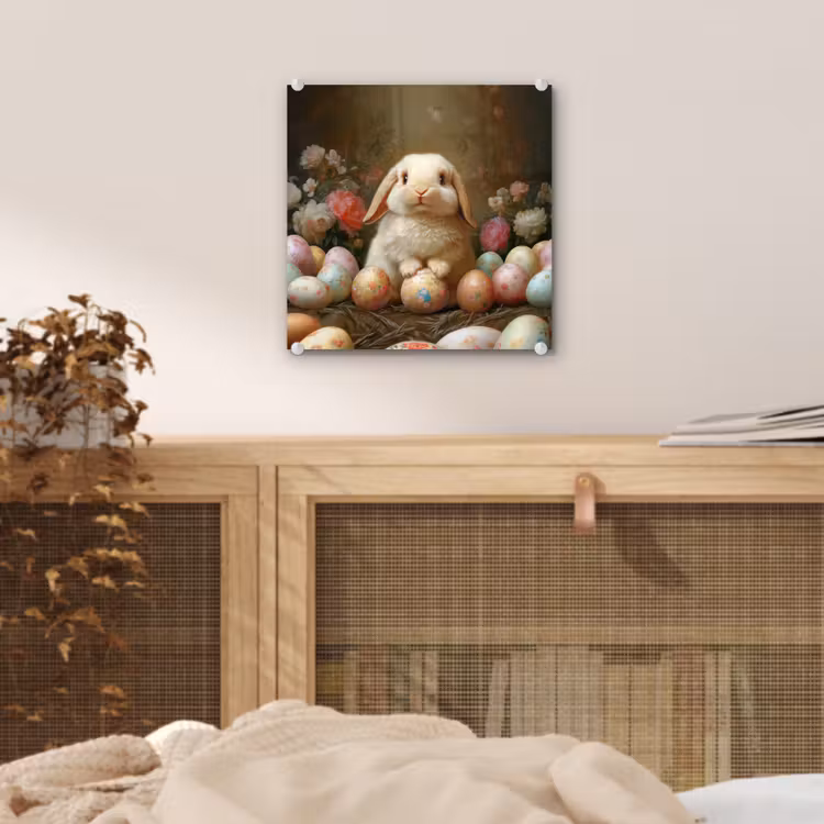 Glas schilderij - Konijn - Paaseieren - Stilleven — 5