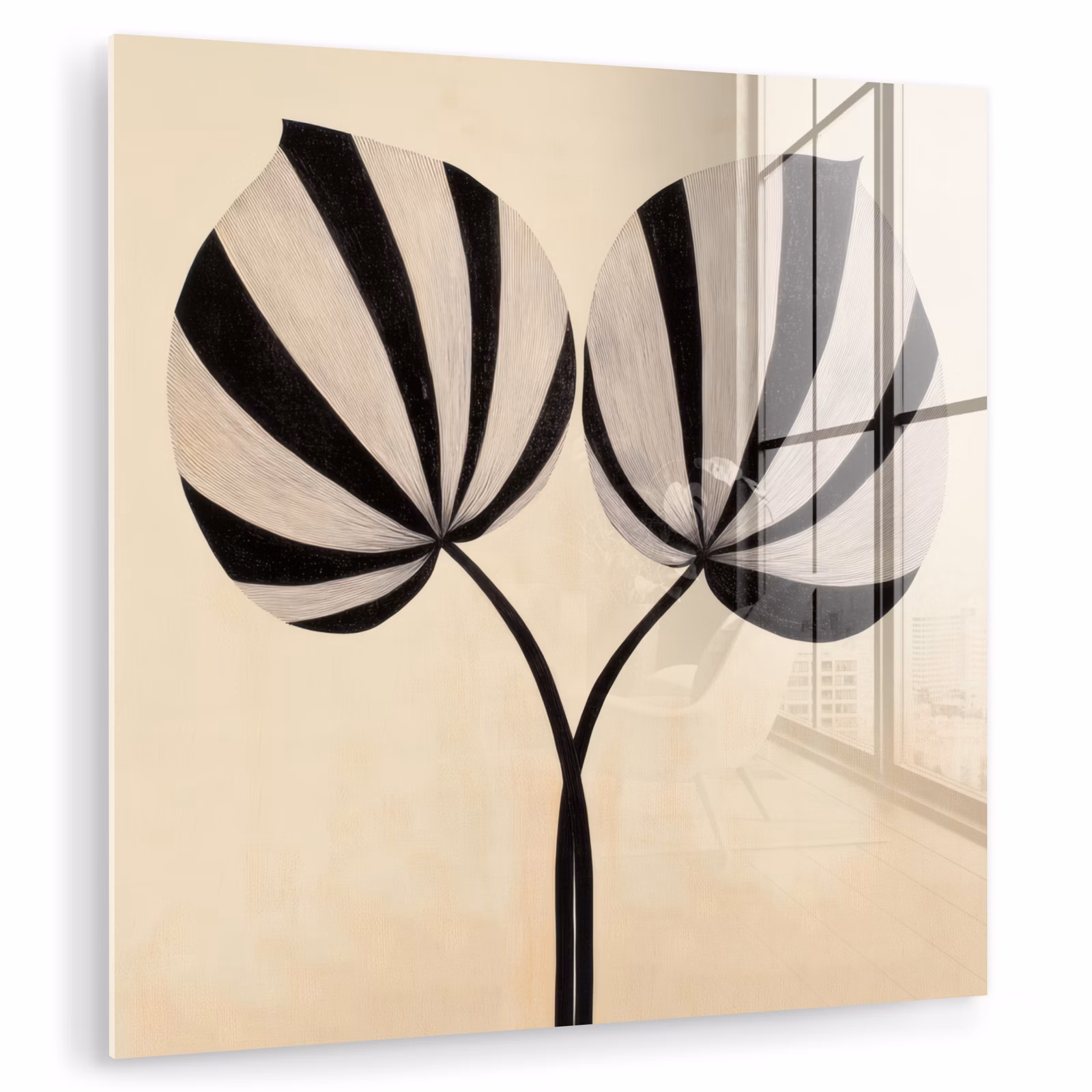 Glas schilderij - Bladeren - Gestreept - Stengel - Beige — 1