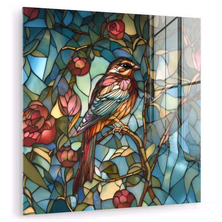 Glas schilderij - Vogel - Tak - Rozen - Mozaïek — 1