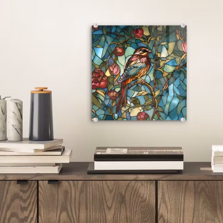 Glas schilderij - Vogel - Tak - Rozen - Mozaïek — 2
