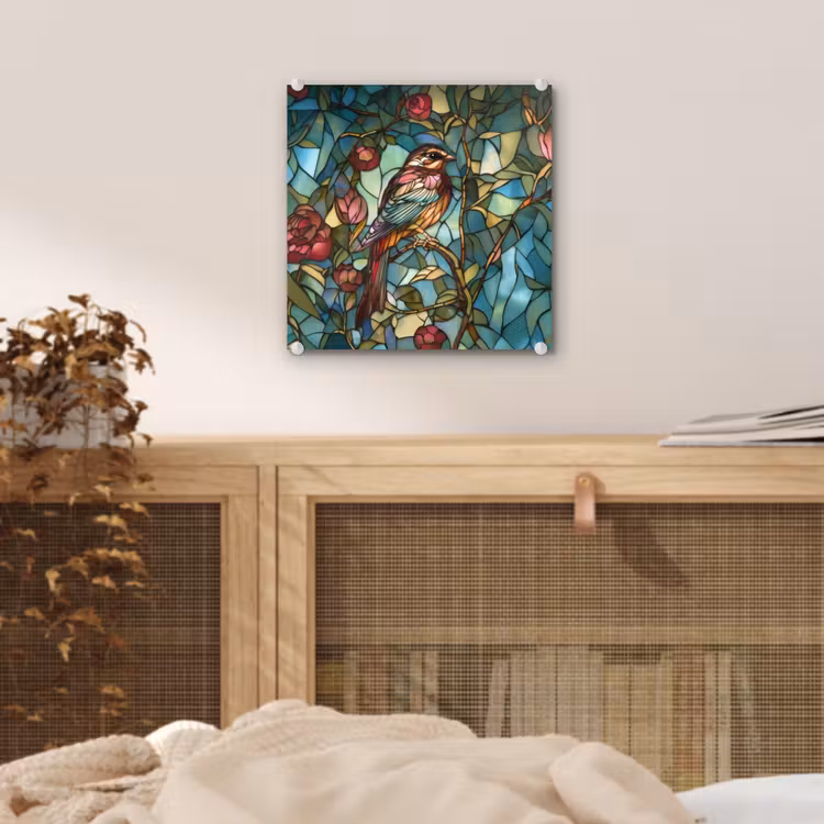 Glas schilderij - Vogel - Tak - Rozen - Mozaïek — 5