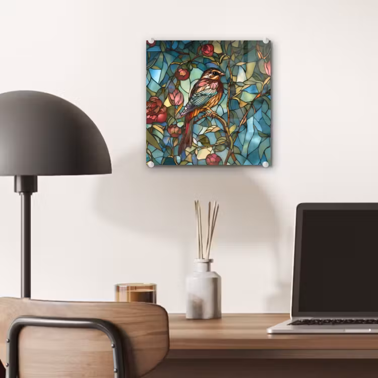 Glas schilderij - Vogel - Tak - Rozen - Mozaïek — 7
