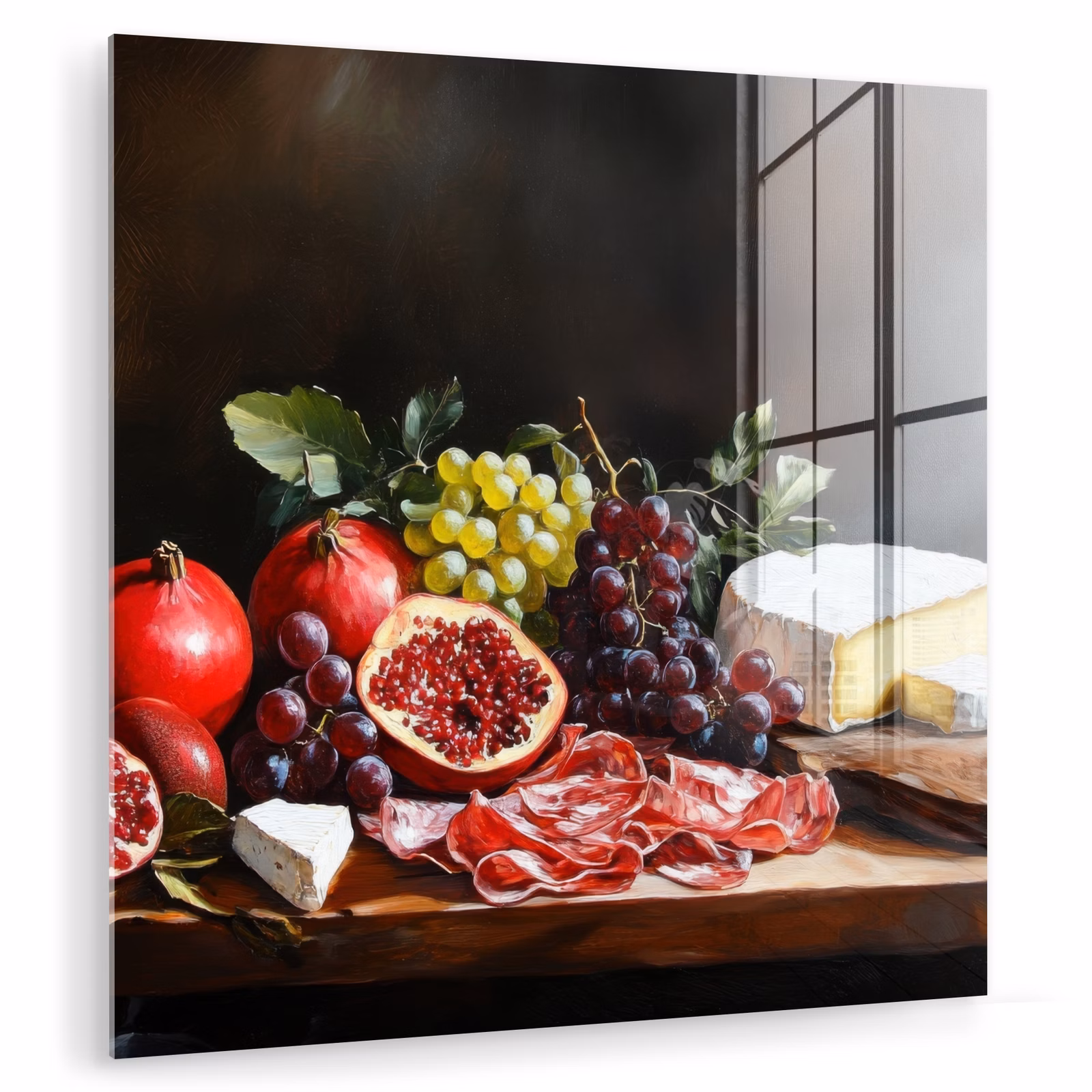 Glas schilderij - Stilleven Granaatappels Druiven Kaas — 1