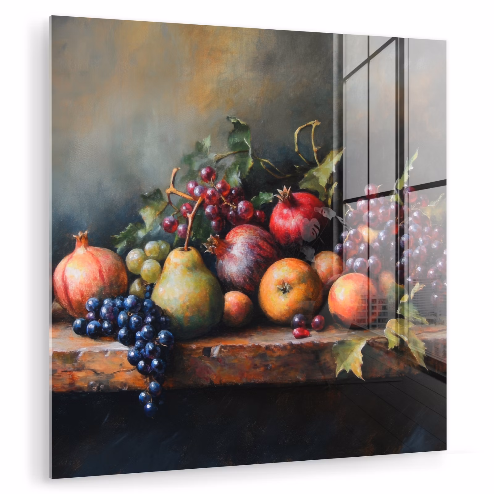 Glas schilderij - Stilleven Fruit Granaatappels Druiven — 1