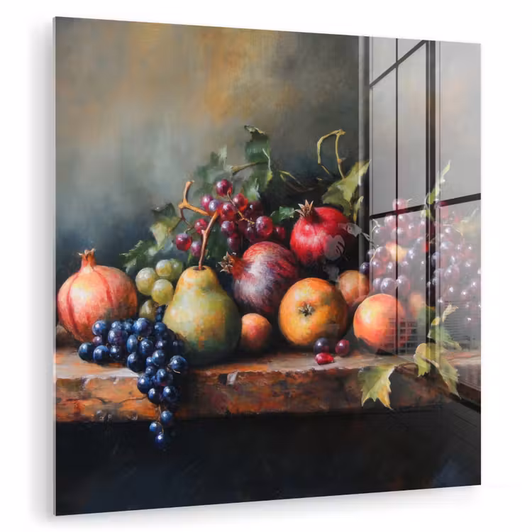 Glas schilderij - Stilleven Fruit Granaatappels Druiven