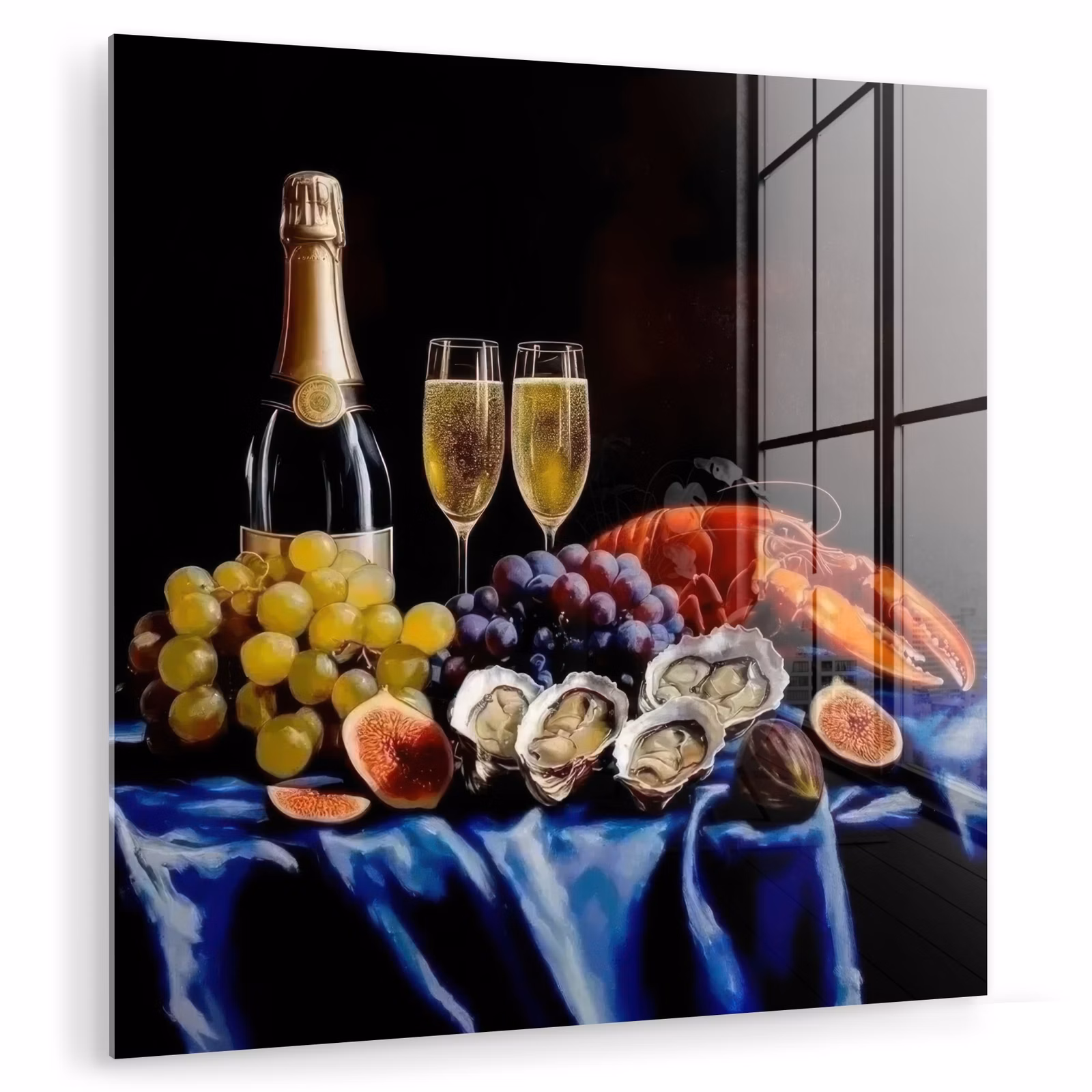 Glas schilderij - Stilleven Champagne Oesters Kreeft — 1
