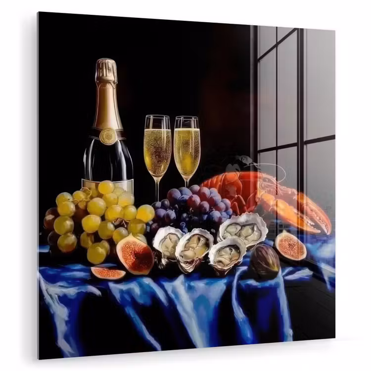 Glas schilderij - Stilleven Champagne Oesters Kreeft