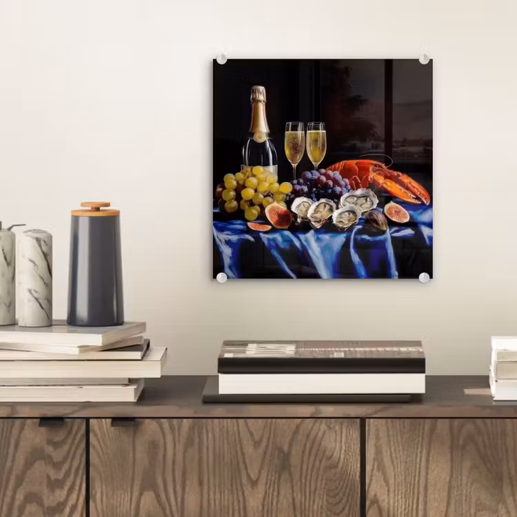 Glas schilderij - Stilleven Champagne Oesters Kreeft — 2