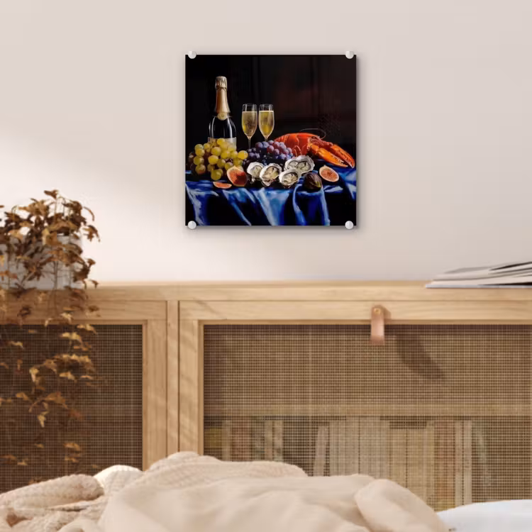 Glas schilderij - Stilleven Champagne Oesters Kreeft — 5