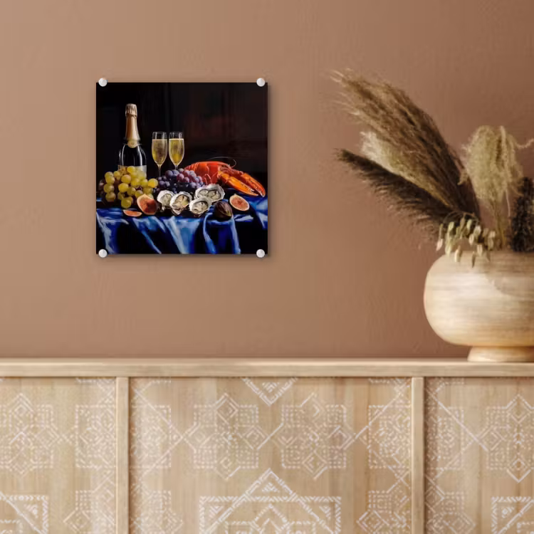 Glas schilderij - Stilleven Champagne Oesters Kreeft — 6