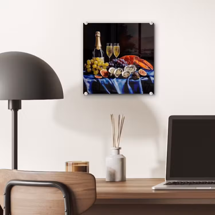 Glas schilderij - Stilleven Champagne Oesters Kreeft — 7