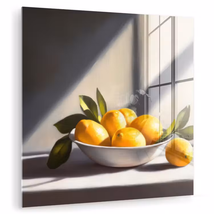 Glas schilderij - Gele Citroenen in Schaal Stilleven