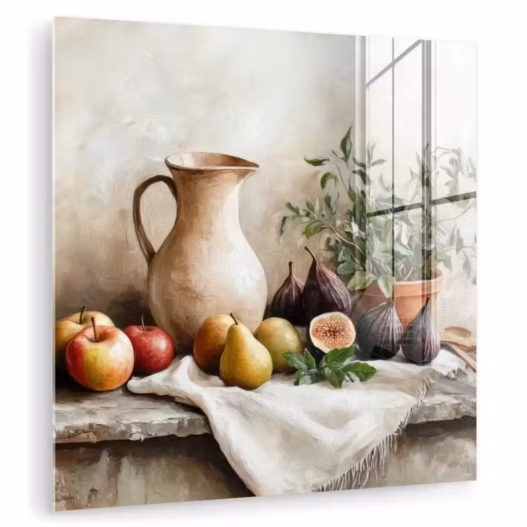 Glas schilderij - Stilleven Vijgen Peren Kruik
