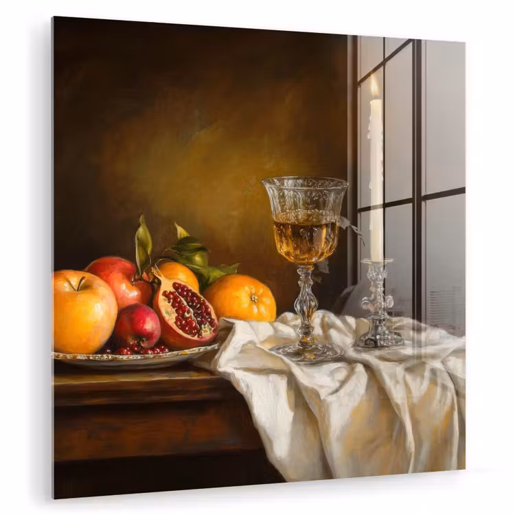 Glas schilderij - Stilleven Fruit Kaars Wijnglas