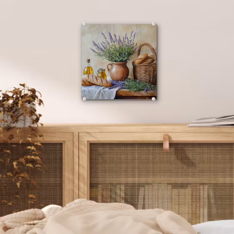 Glas schilderij - Lavendel - Brood - Stilleven — 5