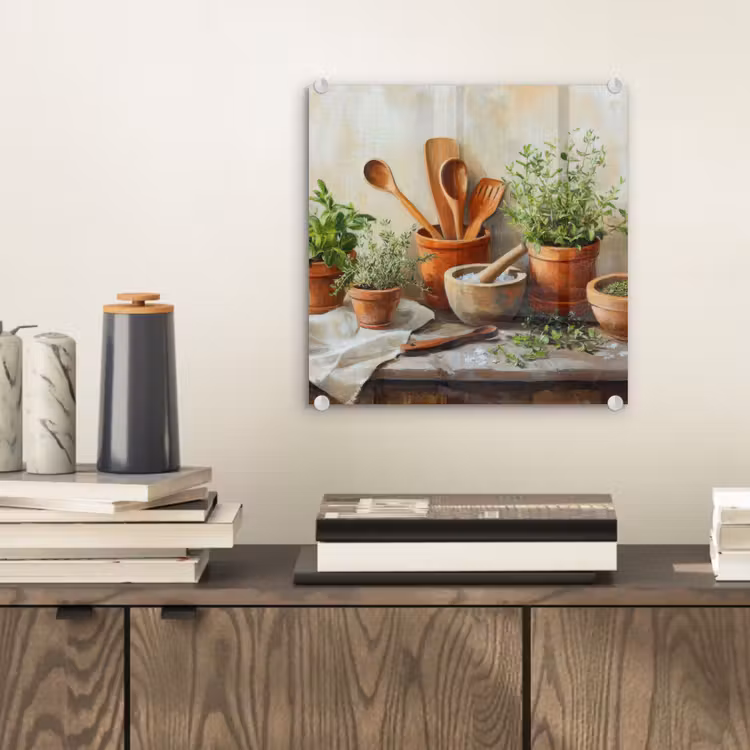 Glas schilderij - Potten - Kruiden - Hout — 2