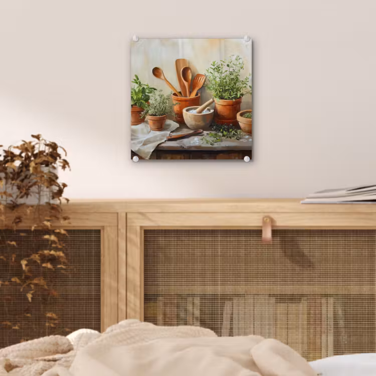 Glas schilderij - Potten - Kruiden - Hout — 5