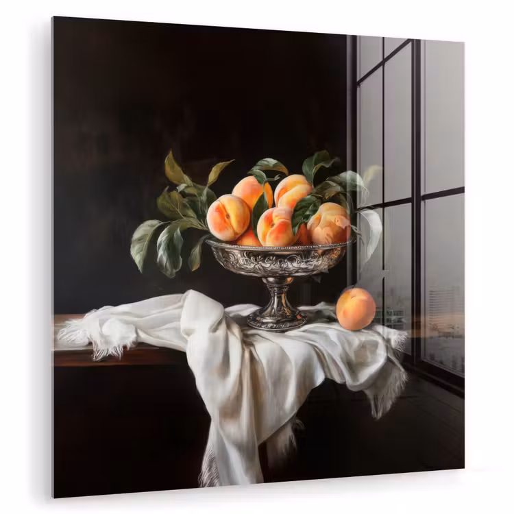 Glas schilderij - Stilleven Perziken Zilveren Schaal