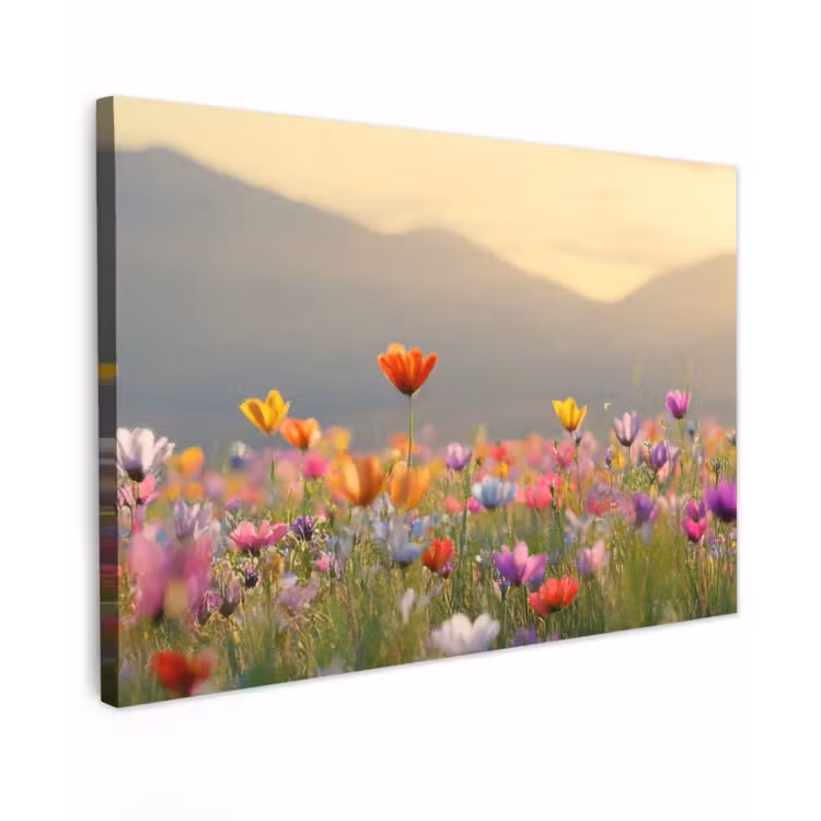 Canvas schilderij - Bloemenveld - Bergen - Zonlicht - Bloemen — 1