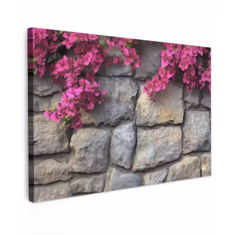 Canvas schilderij - Bougainvillea - Stenen Muur - Roze — 1