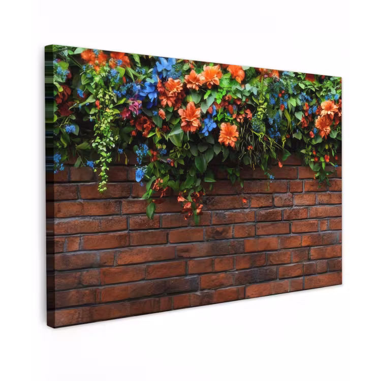 Canvas schilderij - Bloemen - Muur - Groen - Oranje — 1