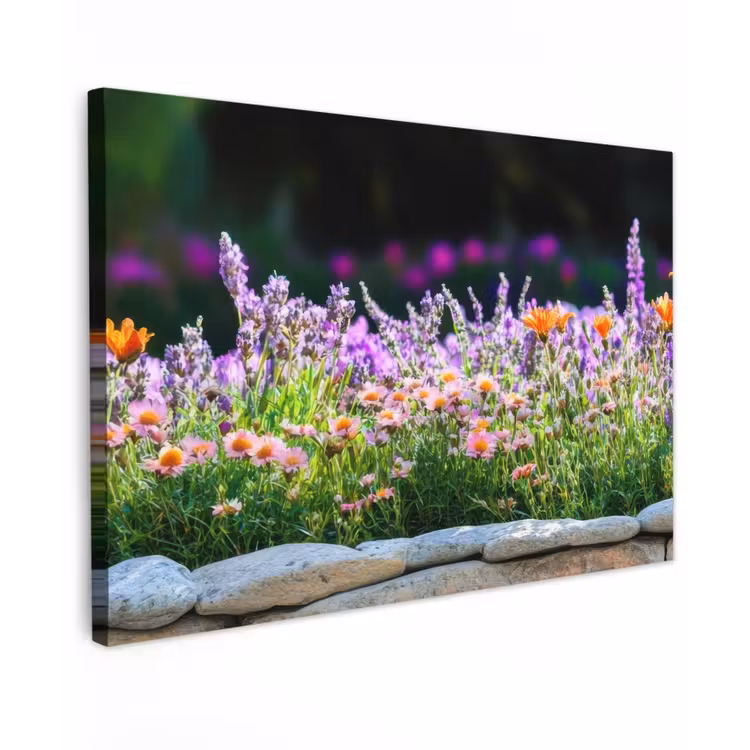 Canvas schilderij - Bloemen - Steenrand - Kleurrijk — 1