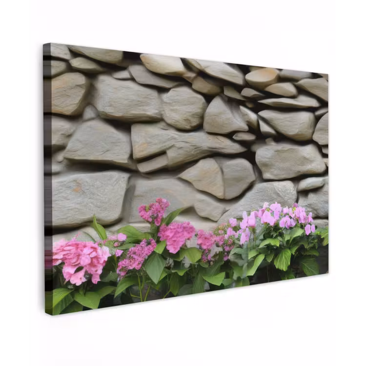 Canvas schilderij - Hortensia’s - Stenen - Muur - Bloemen — 1