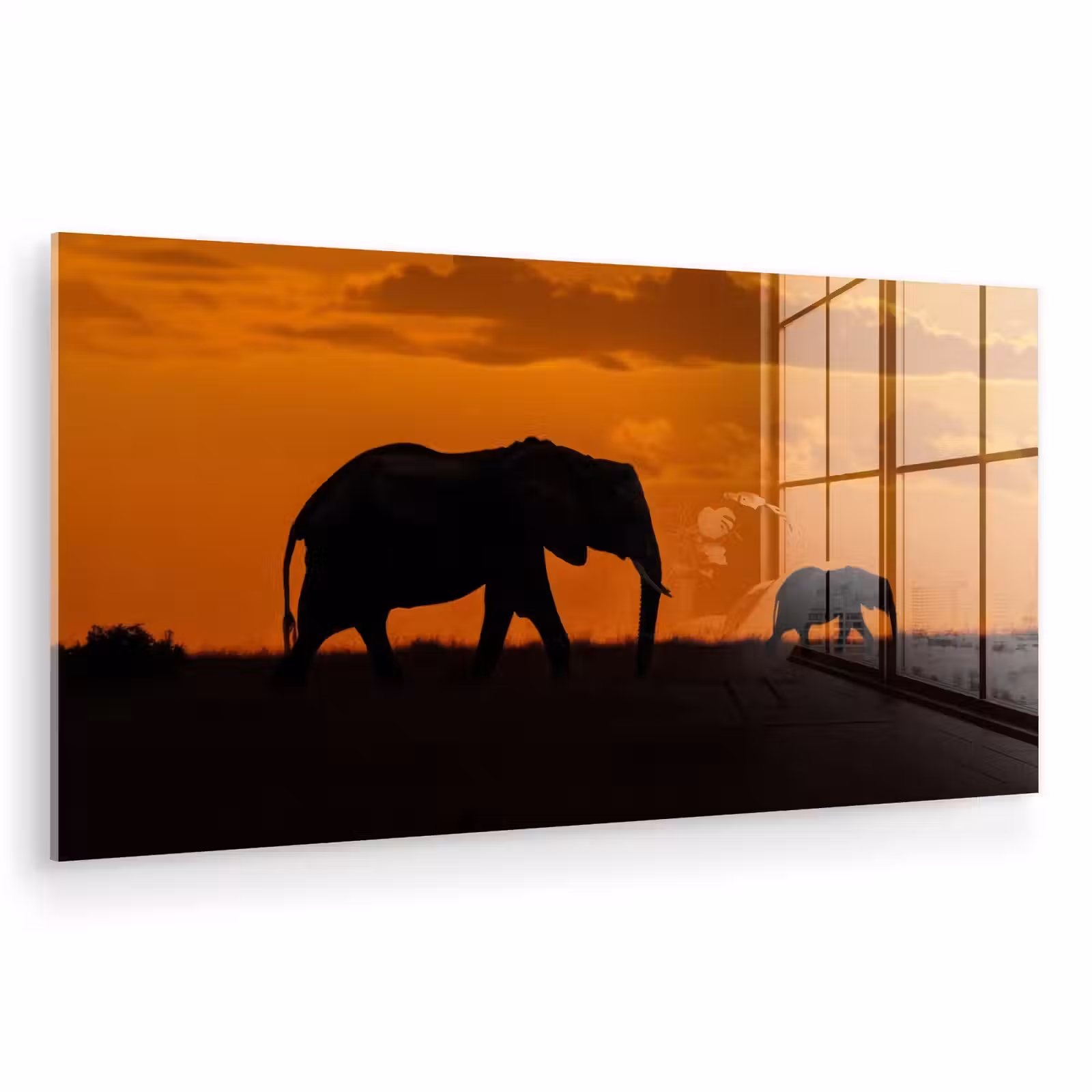 Glas schilderij - Olifanten - Savanne - Zonsondergang — 1