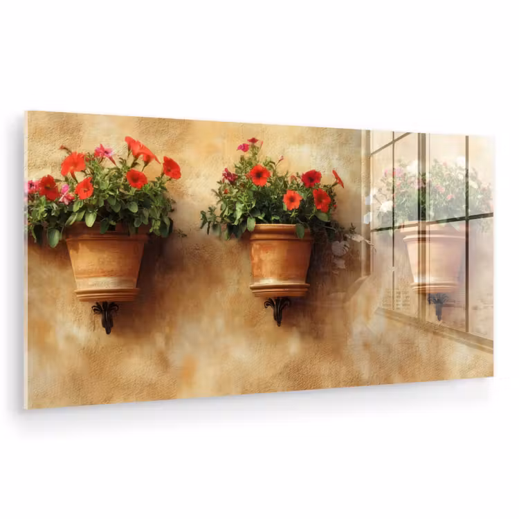 Glas schilderij - Bloempotten - Muur - Vintage — 1