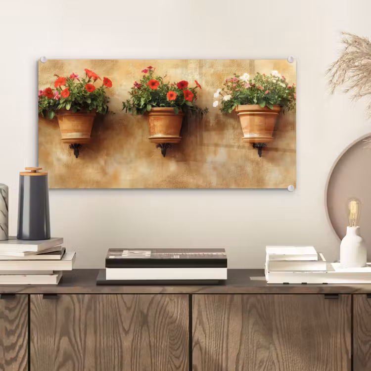 Glas schilderij - Bloempotten - Muur - Vintage — 2