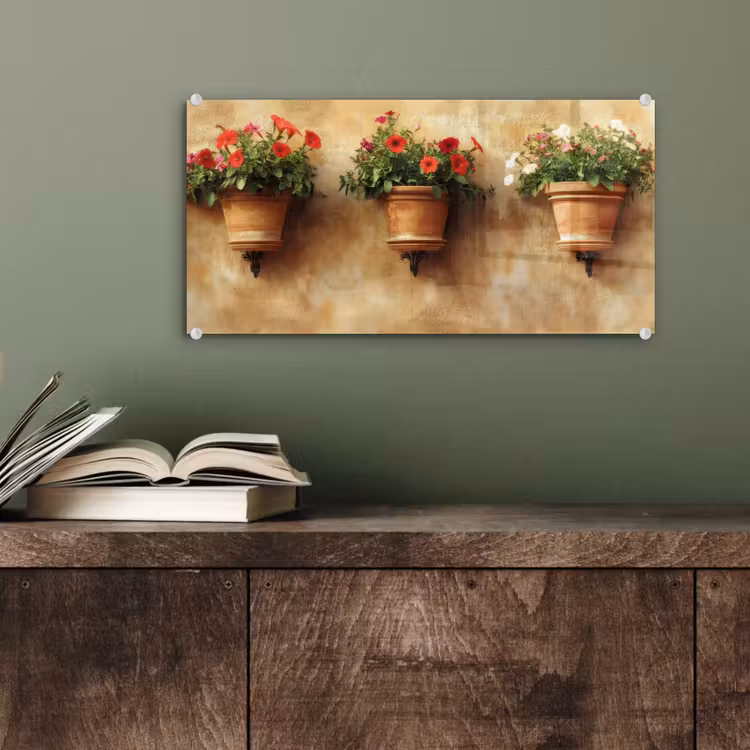 Glas schilderij - Bloempotten - Muur - Vintage — 4