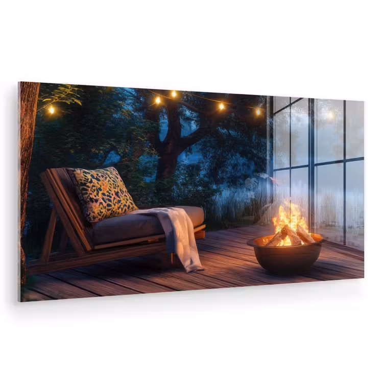 Glas schilderij - Kampvuur - Meer - Avondlicht — 1