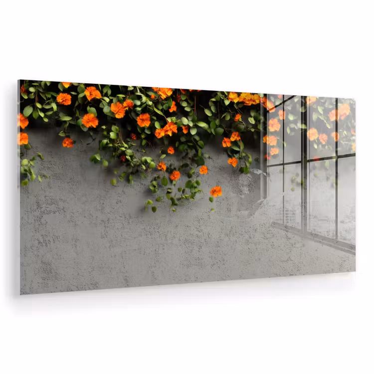 Glas schilderij - Bloemen - Muur - Oranje — 1