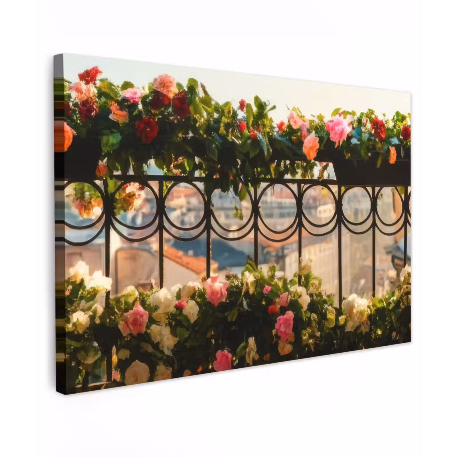 Canvas schilderij - Bloemen - Hek - Stadszicht - Zomer — 1