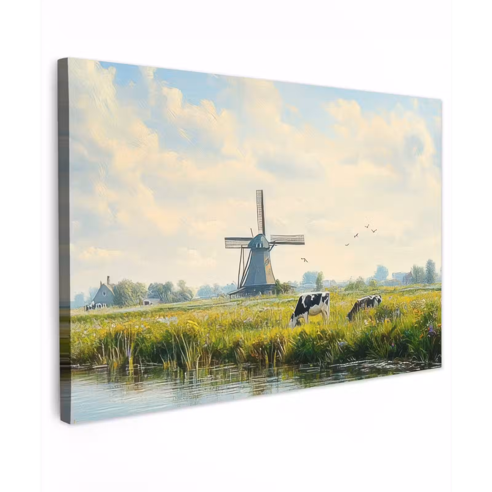 Canvas schilderij - Koeien - Windmolen - Weide - Blauw — 1