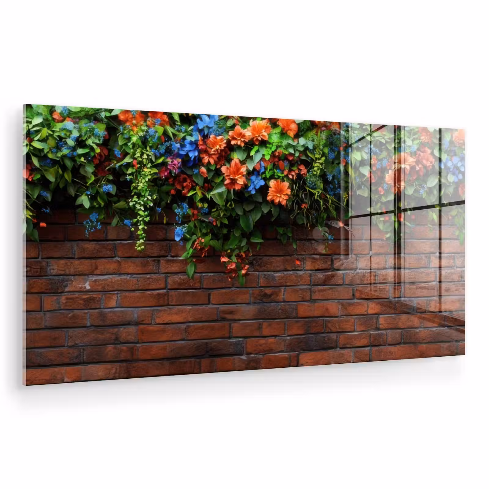 Glas schilderij - Bloemen - Muur - Groen - Oranje — 1