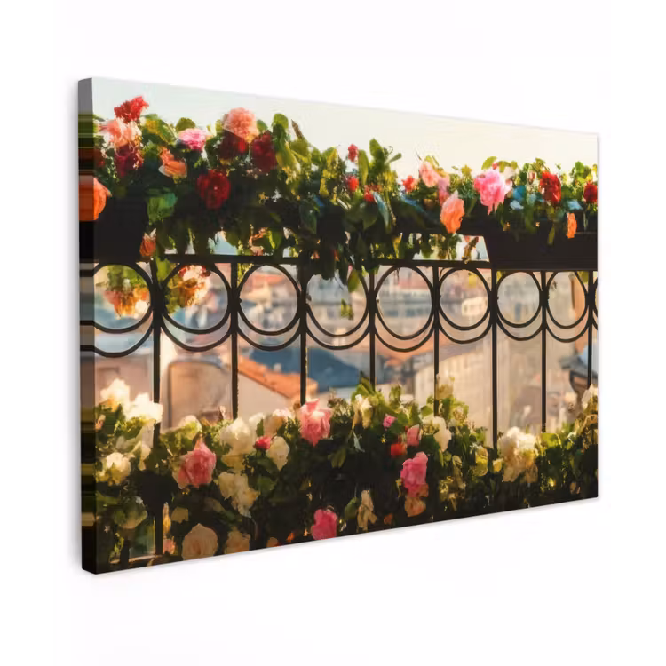 Canvas schilderij - Bloemen - Hek - Stadszicht - Zomer — 1
