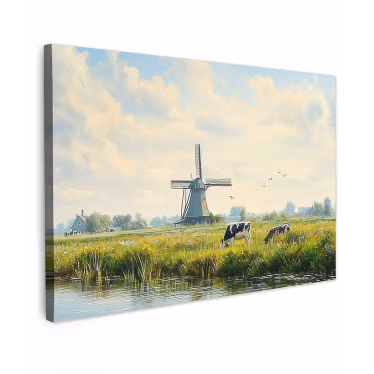 Canvas schilderij - Koeien - Windmolen - Weide - Blauw — 1