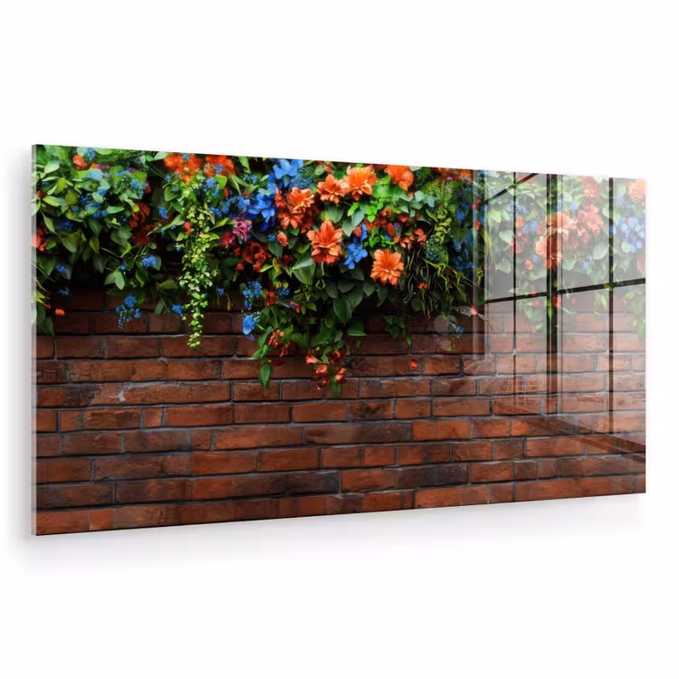 Glas schilderij - Bloemen - Muur - Groen - Oranje — 1