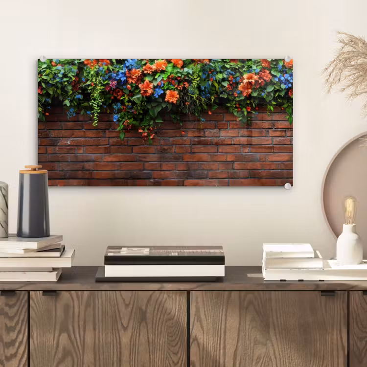 Glas schilderij - Bloemen - Muur - Groen - Oranje — 2