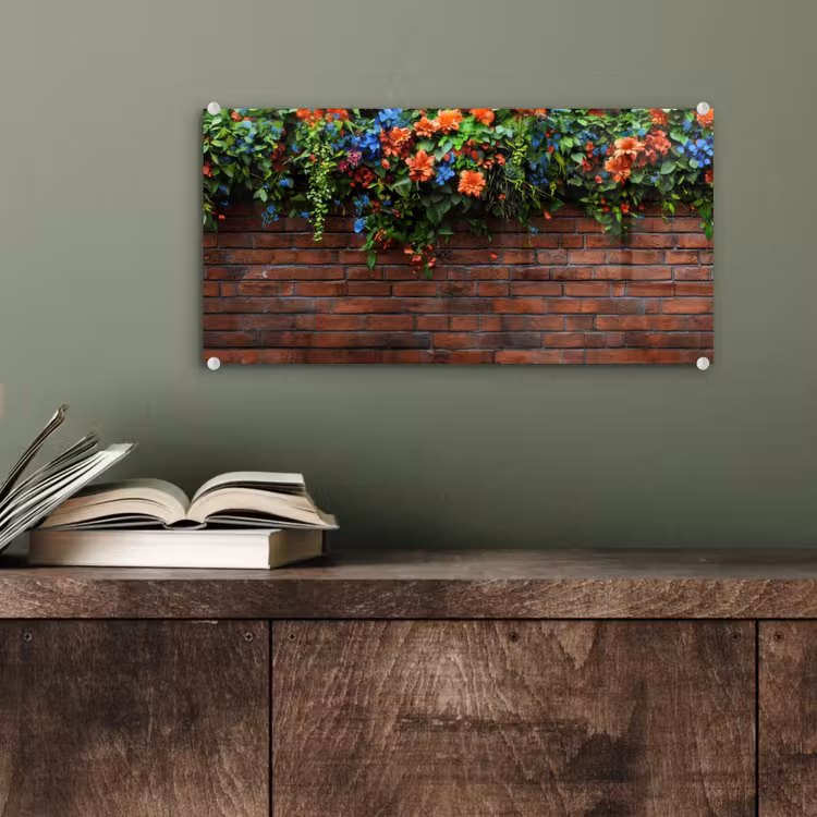 Glas schilderij - Bloemen - Muur - Groen - Oranje — 4